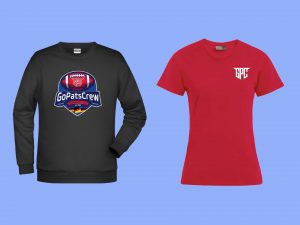 schwarzer Hoodie mit GPC-Logo und rotes T-Shirt mit GPC-Kürzel
