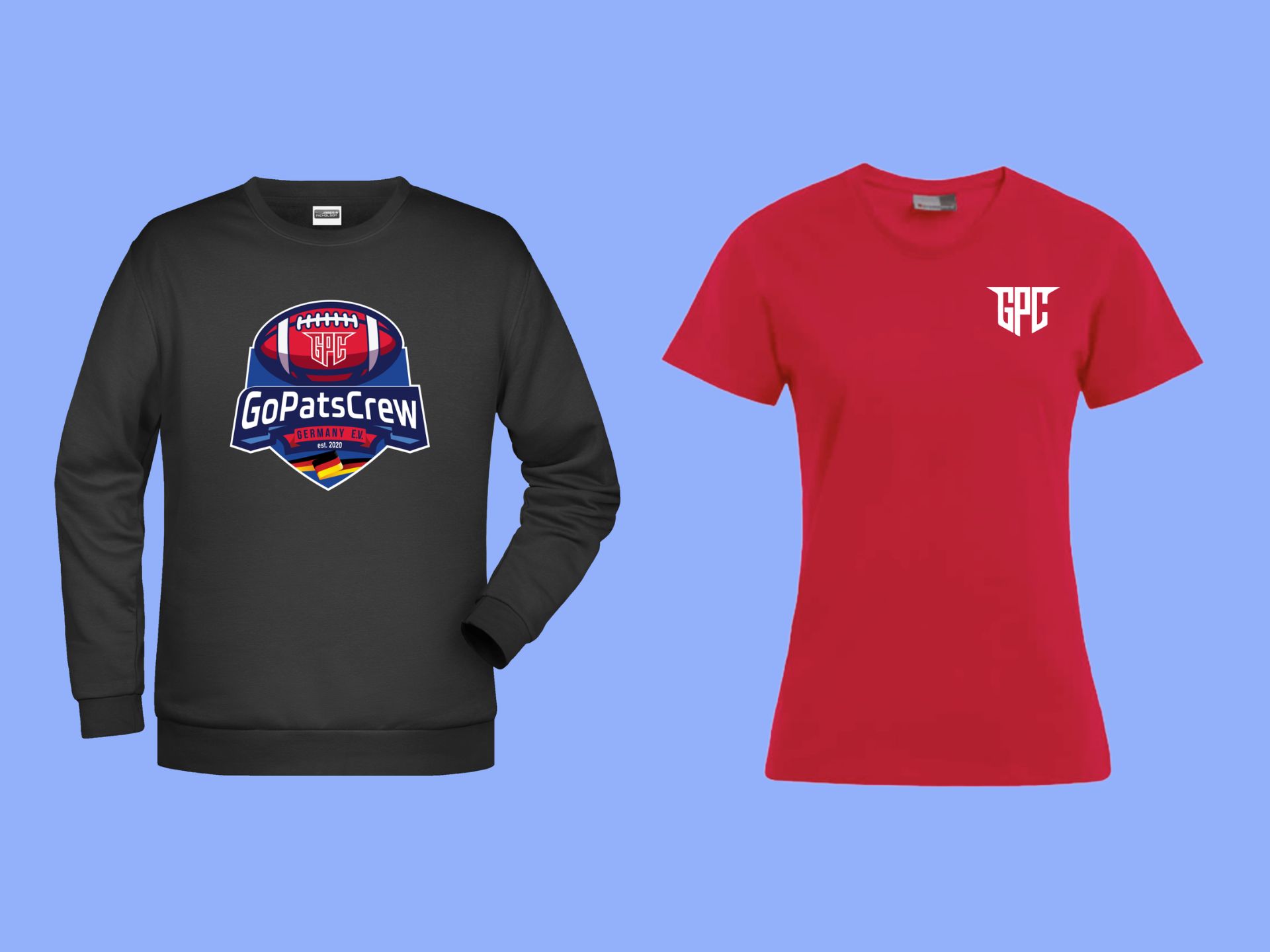 schwarzer Hoodie mit GPC-Logo und rotes T-Shirt mit GPC-Kürzel
