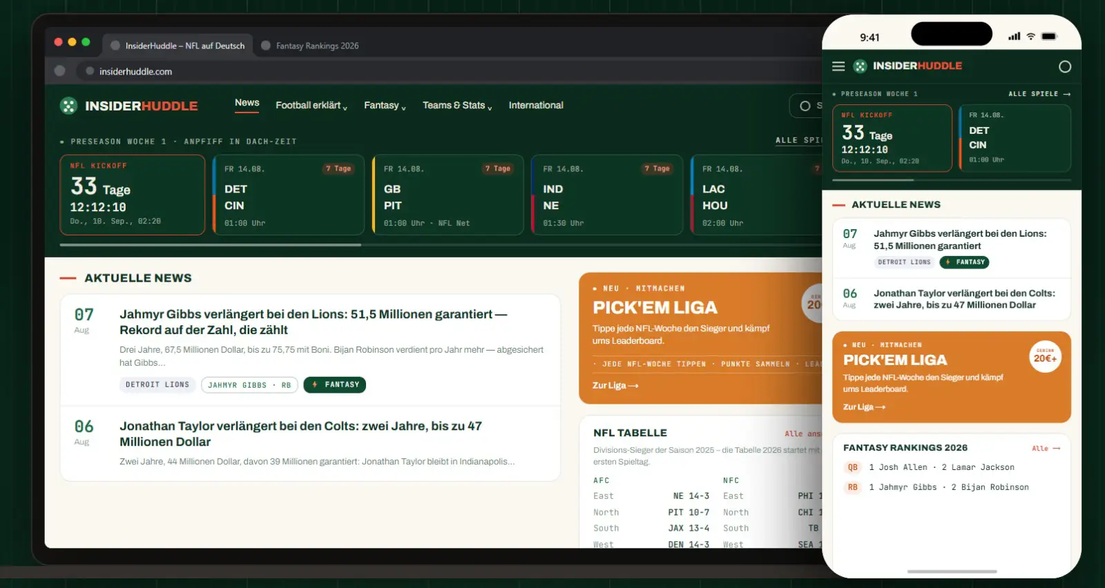 Mockup der Website InsiderHuddle, Browser-Ansicht und Smartphone-Ansicht