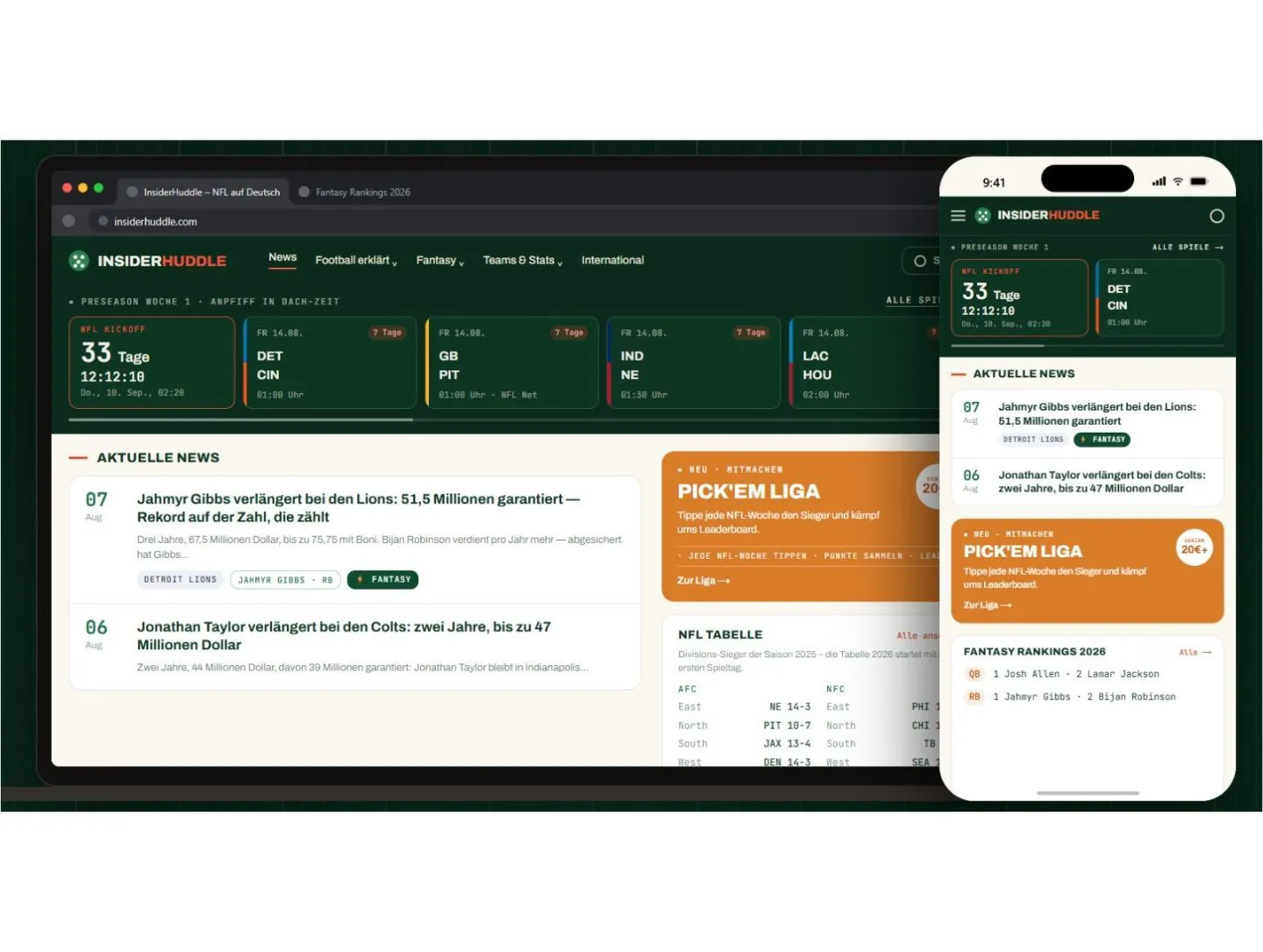Mockup der Website InsiderHuddle, Browser-Ansicht und Smartphone-Ansicht